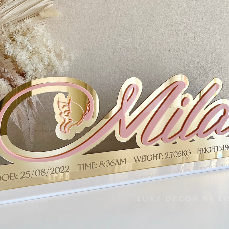 3D Butterfly Birth Details - 3D Name Freestanding - Luxe Decor by Lisa