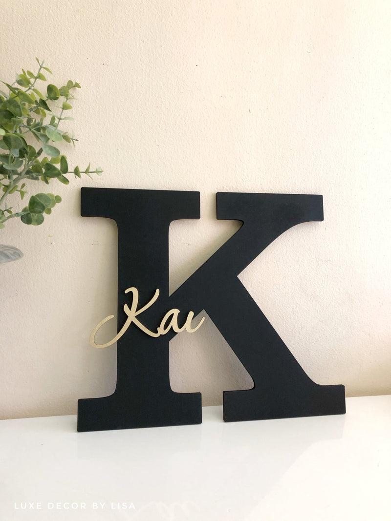 Wooden Initial With Cursive Name - Wall Hanging - Luxe Decor by Lisa