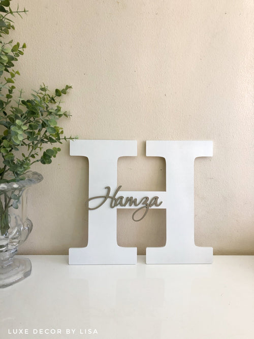 Wooden Initial With Cursive Name - Wall Hanging - Luxe Decor by Lisa