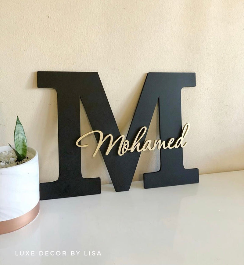Wooden Initial With Cursive Name - Wall Hanging - Luxe Decor by Lisa